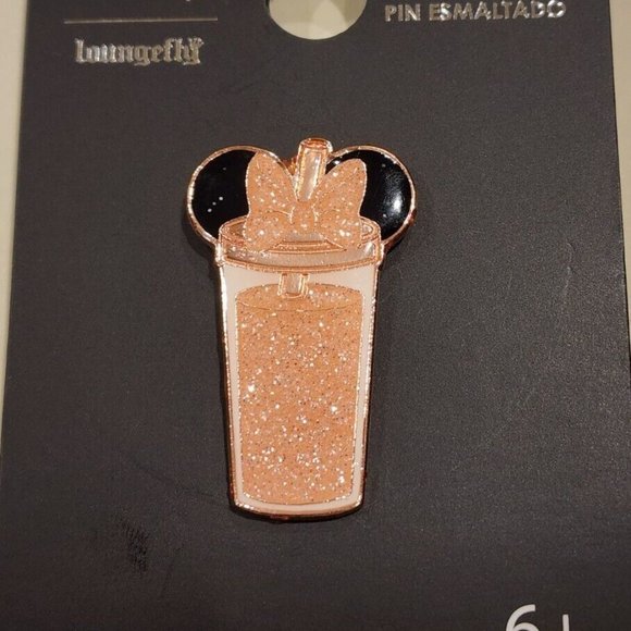 Loungefly Disney Minnie Mouse Glitter Tumbler Pin Sparkling Rose Gold Drink NEW - Picture 11 of 11